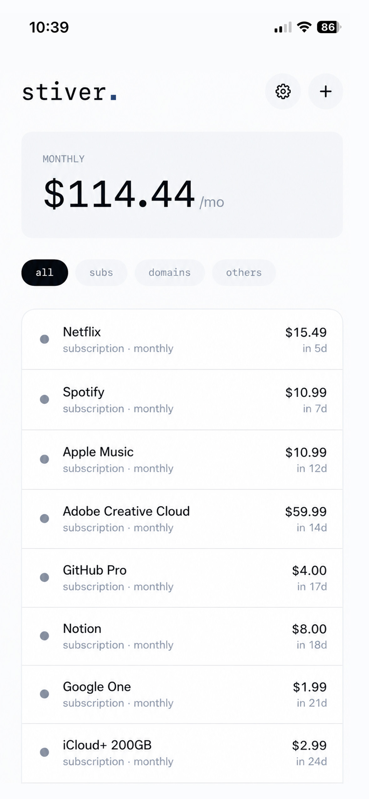 Stiver on iPhone, showing the monthly subscription list